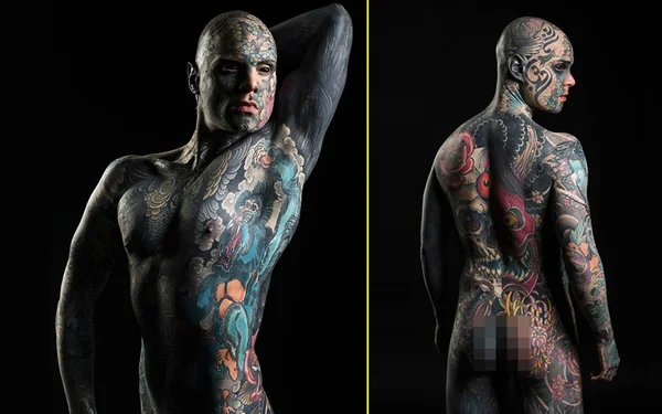montagem com duas fotos de um homem branco, careca e coberto com tatuagens por todo corpo