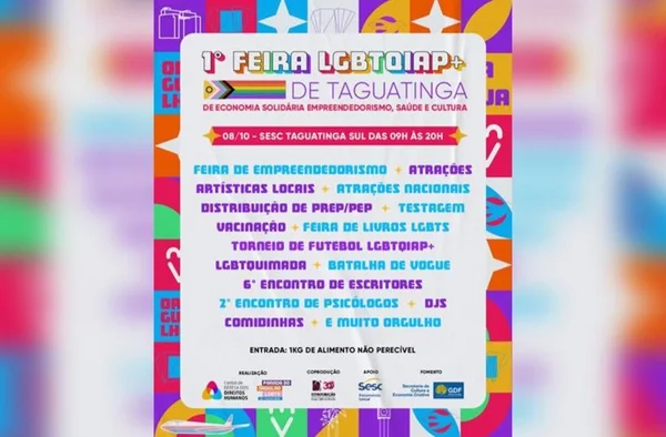Imagem colorida de banner sobre feira LGBTQIAP+ em Taguatinga