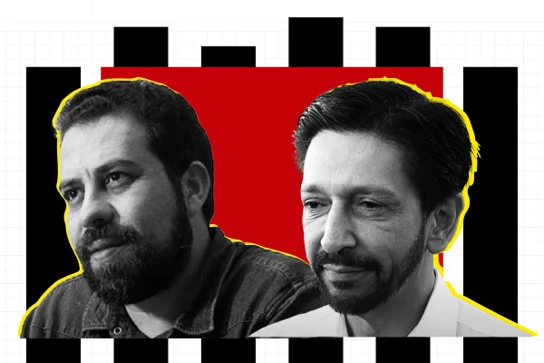Montagem traz rosto preto e branco de Guilherme Boulos e Ricardo Nunes em meio de um fundo com objetos abstratos