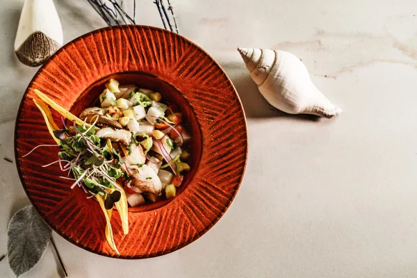 na foto vemos um prato laranja com ceviche