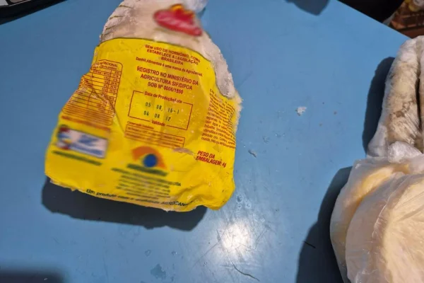 Foto colorida de frango congelado vencido há 8 anos, apreendido pelo MPRS durante fiscalização