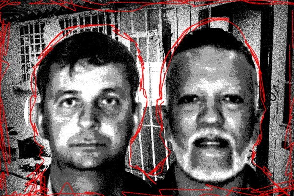 Arte gráfica com dois retratos de rosto, em preto e branco,. Esquerda homem barba e cabelo curto e escuro. Direita homem pardo com barba branca e cabelo curto e escuro - Metrópoles