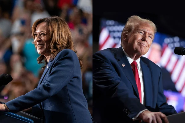Imagem colorida de Donald Trump e Kamala Harris - Metrópoles