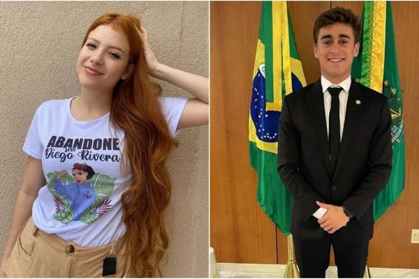 Montagem com a influencer Laura Sabino (MG) com o vereador Nikolas Ferreira (PL-MG)