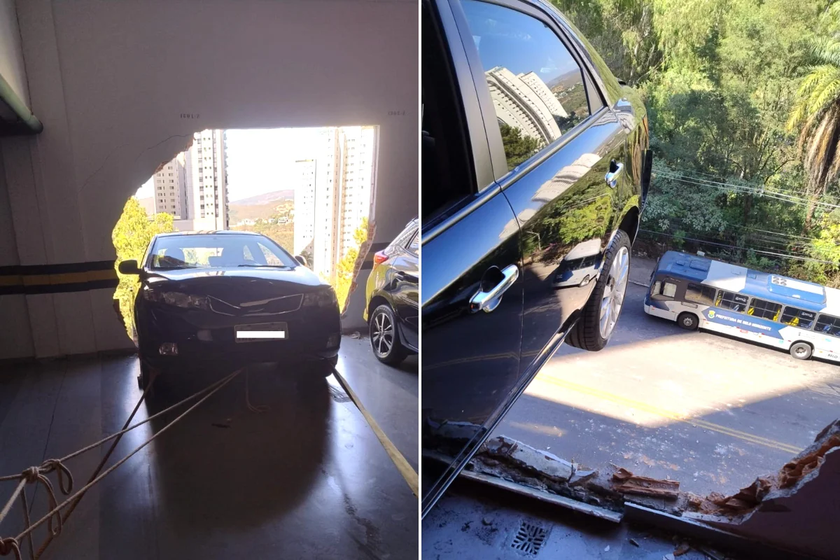 Motorista passa mal, carro destrói parede e fica pendurado em prédio
