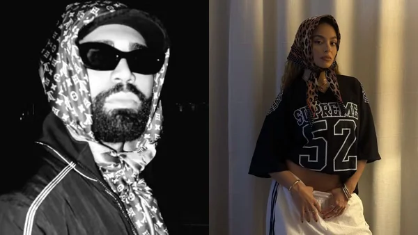 Fotografias coloridas de um homem de lenço e óculos e uma mulher de lenço | Gabigol e Julia Rodrigues