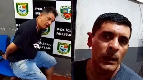 montagem homem com algemas e outro com parte da orelha arrancada