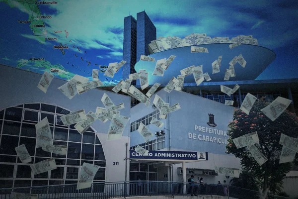 Imagem colorida da fachada da Prefeitura de Carapicuíba com notas de dinheiro caindo do céu e o prédio do Congresso Nacional ao fundo - Metrópoles