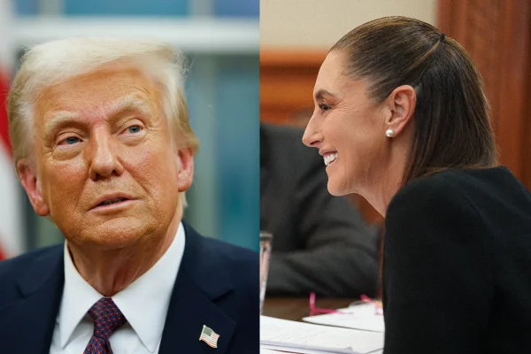 Montagem mostra Donald Trump à esquerda e Claudia Sheinbaum à direita, presidentes dos EUA e do México