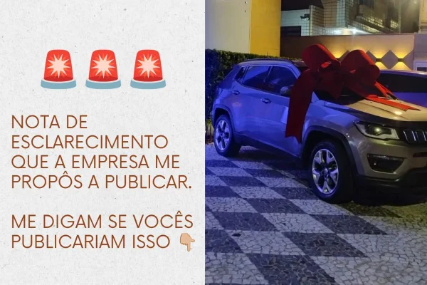 Imagem colorida mostra montagem com dois posts do Instagram lado a lado. Na esquerda está escrito "nota de esclarecimento que a empresa me propôs a publicar", Do lado direito, está a foro se um carro Jeep com um laço vermelho no capô - Metrópoles