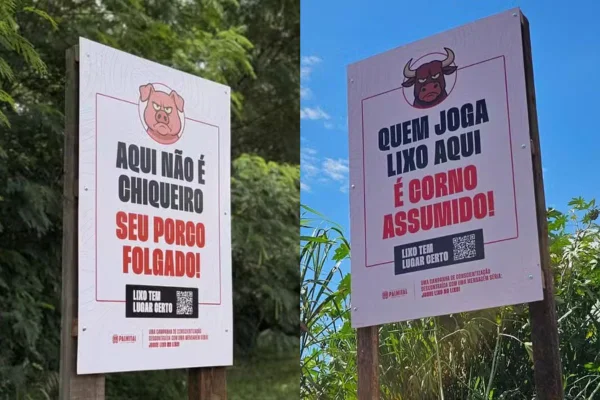 Imagem colorida mostra placa da Prefeitura de Palmital em campanha contra o descarte irregular de lixo na cidade - Metrópoles