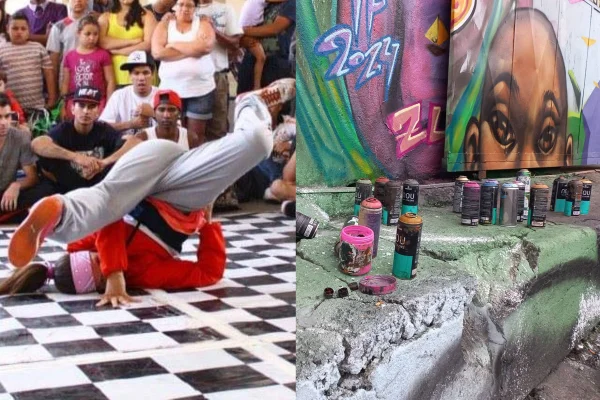 Imagem colorida de montagem com breaking dance e grafite. Metrópoles