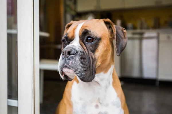 Cão da raça boxer, com peitoral branco, face caramelo e focinho negro - Metrópoles