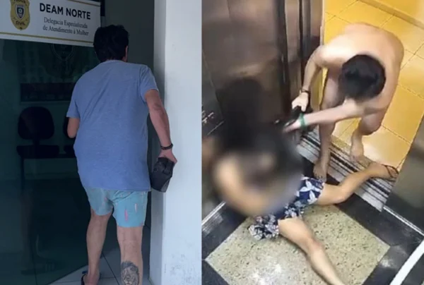 Imagem colorida do advogado José César Cavalcanti Neto agredindo uma mulher dentro de um elevador em João Pessoa - Metrópoles