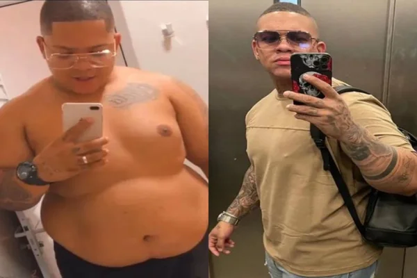 Montagem colorida com uma foto do cantor Kaique, vocalista do Di Propósito, sem camisa, no lado esquerdo, e uma foto da mesma pessoa, de camisa, óculos escuros e celular na mão do lado direito - Metrópoles