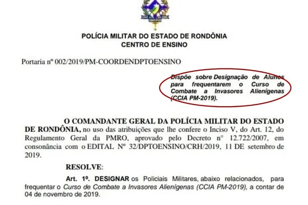 PMRO: alunos divulgam por engano curso para combate a alienígenas