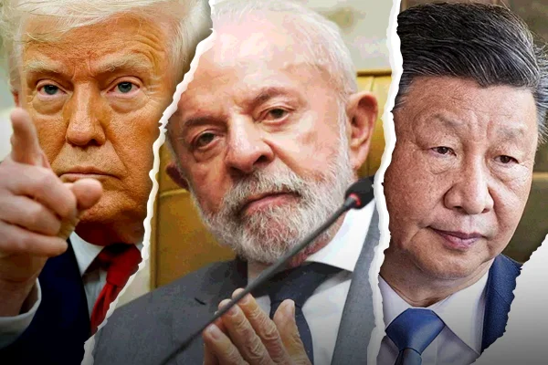 Montagem com fotos coloridas dos presidentes Donald Trump, Luiz Inácio Lula da Silva e Xi Jinping - Metrópoles