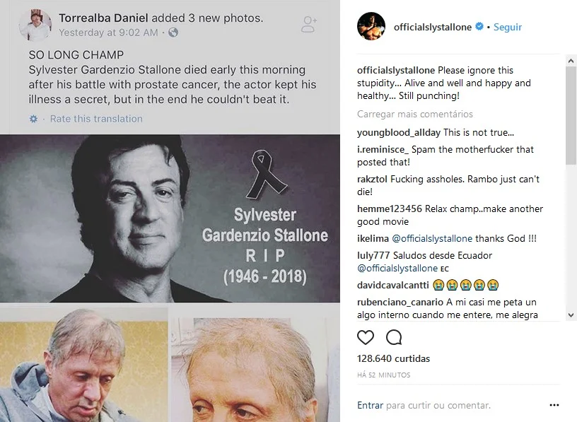 Stallone rebateu boato sobre sua morte no Instagram: "Ignorem esta estupidez" Stallone rebateu boato sobre sua morte no Instagram: "Ignorem esta estupidez"