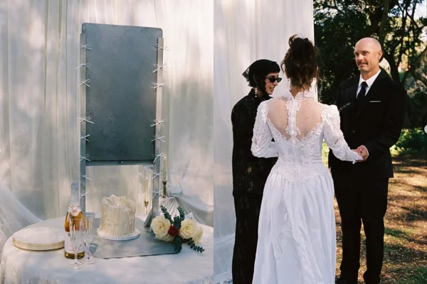 Casamento temático de Maria Antonieta tem bolo cortado por guilhotina