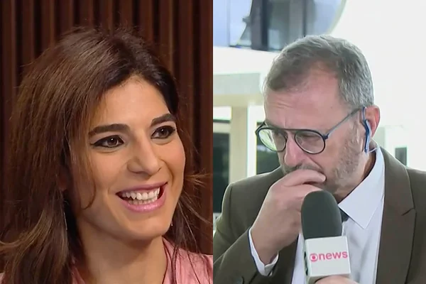 À esquerda, Andréia Sadi dá risada; à direita, Octavio Guedes "come" mosca ao vivo - Metrópoles