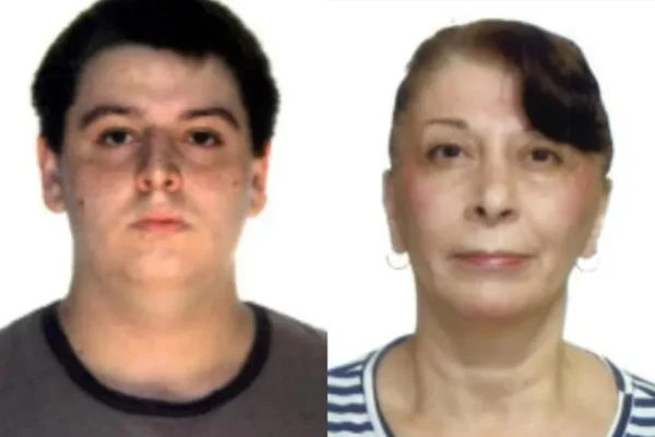 Imagem colorida mostra duas fotos 3x4, de um homem branco de cabelos curtos, jovem, e uma mulher, branca, idosa, de cabelo comprido e amarrado. Ele é suspeito de assassinar ela, que é sua mãe - Metrópoles