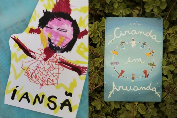 Imagem colorida mostra desenho feito por criança e livro que inspirou atividade sobre orixás alvo de denúncia à PM. Metrópoles
