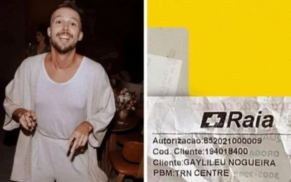 montagem com duas fotos: uma de um rapaz branco sorrindo e outra de uma nota fiscal de uma drogaria