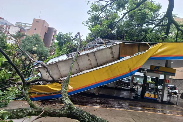 Chuva forte: árvore destrói estrutura de posto e atinge carro em BH
