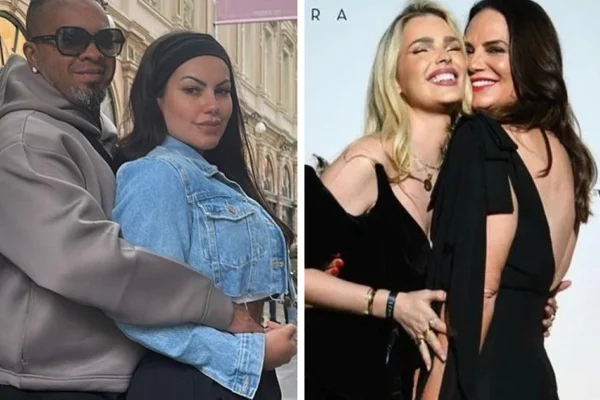 Montagem feita a partir de fotos das redes sociais de Rodriguinho, a esposa, Yasmin e Luiza Brunet - Metrópoles