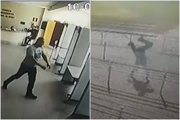 Imagem mostra homem comemorando divórcio. à esquerda, trecho de vídeo em que ele sai de fórum. à direita, momento em que ele dá pirueta - Metrópoels