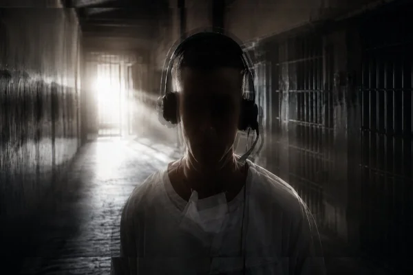 Arte gráfica de silhueta masculina em frente a raio de luz em corredor de ambiente prisional - Metrópoles