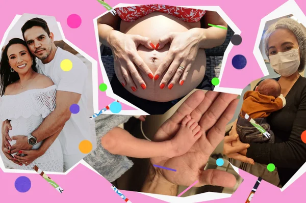 Montagem de fotos em fundo colorido mostra a passagem de tempo de uma mulher gestante até receber seu filho durante processos de fertilização - Metróp-oles FiV