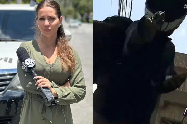 Montagem de imagens da repórter Fabíola Corrêa e o momento em que repórter do SBT é ameaçada com arma e assaltada ao vivo - Metrópoles
