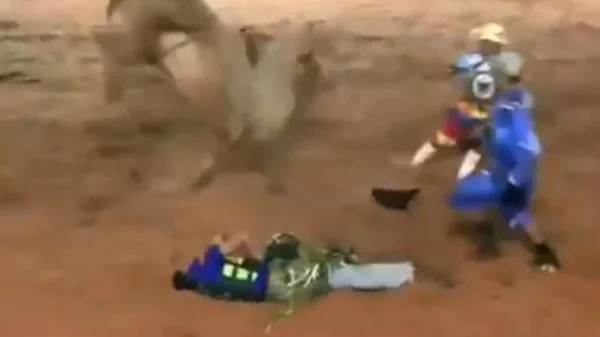 Peão atingido por touro durante rodeio