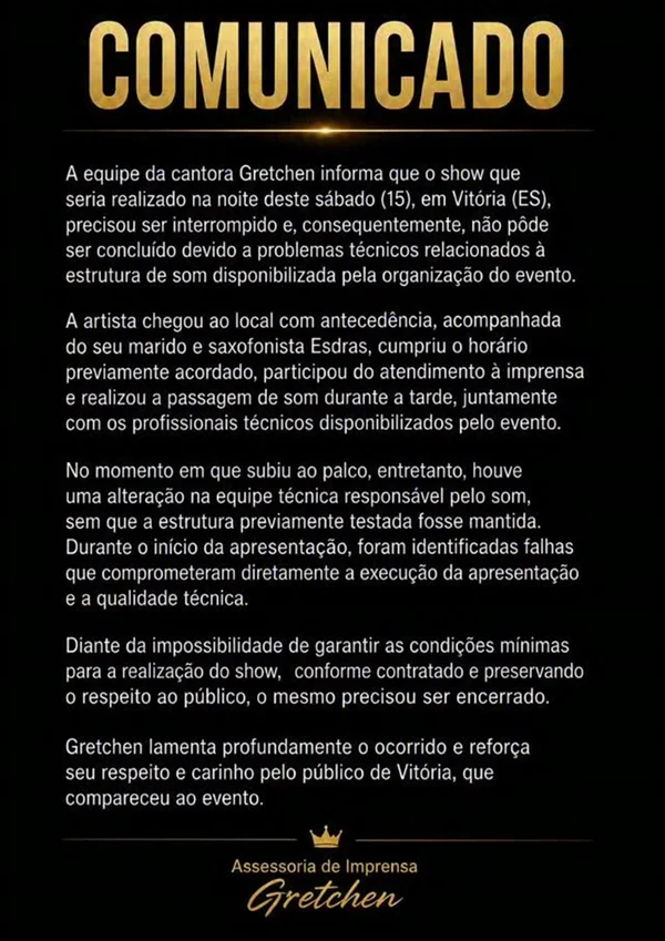 Gretchen detalha falha técnica que causou suspensão de show em Vitória - destaque galeria Gretchen detalha falha técnica que causou suspensão de show em Vitória - destaque galeria