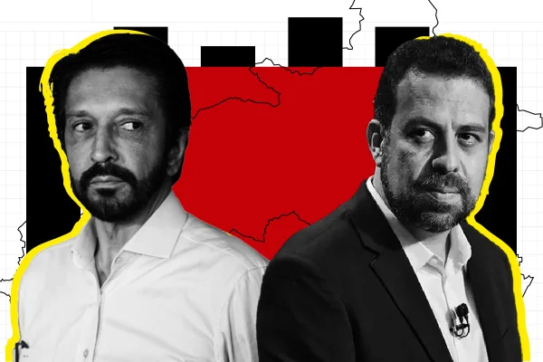 imagem colorida mostra arte com fotos dos candidatos ricardo nunes e guilherme boulos