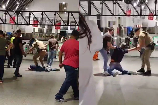 Passageiros flagraram o momento em que jovem foi agredido no rosto por PM na estação Brás, da CPTM. SSP analisa imagens para tomar medidas - Metrópoles