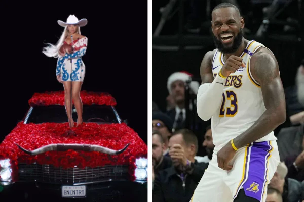 imagem colorida mostra lado a lado a cantora Beyoncé e o jogador de basquete LeBron James