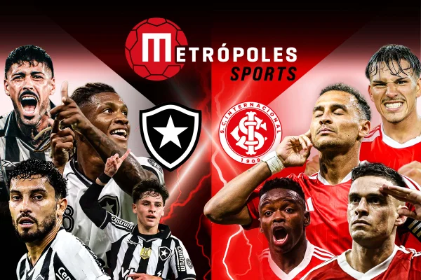 Imagem colorida de arte do duelo entre Botafogo x Internacional- Metrópoles
