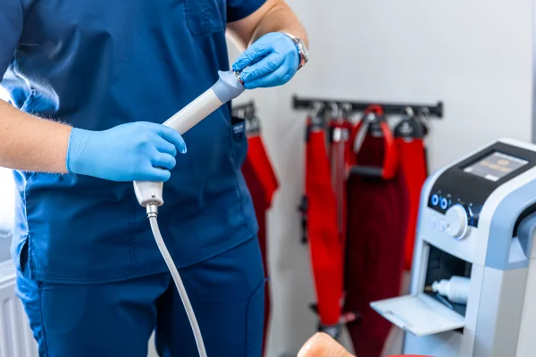 Dispositivo de terapia por ondas de choque ou colonoscopia sendo segurado por médico com luvas de borracha. Metrópoles