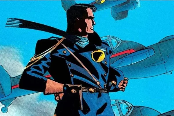 Desenho do Falcão Negro em quadrinho da DC. Ele usa roupa de piloto aéreo, olhando para frente, de perfil, com aviões voando atrás - Metrópoles