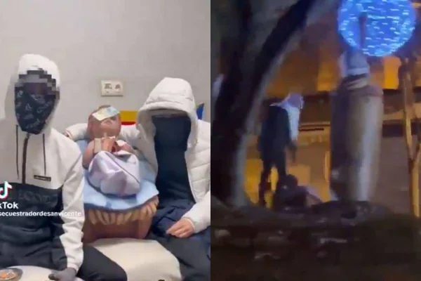 montagem com foto colorida de dois homens mascarados e de moletom com estatua de menino jesus e foto de homem de moletom pegando menino jesus - metrópoles