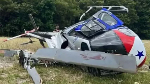 Imagem colorida de helicptero caído perto de floresta