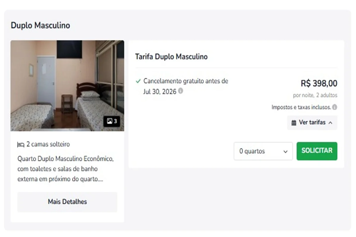 O turista tem até nove tipos de quartos, incluindo quartos privativos, compartilhados e opções divididas por gênero O turista tem até nove tipos de quartos, incluindo quartos privativos, compartilhados e opções divididas por gênero