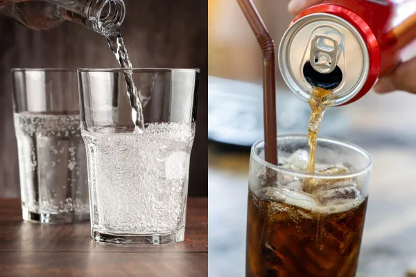montagem colorida com fotos de água com gás e refrigerante