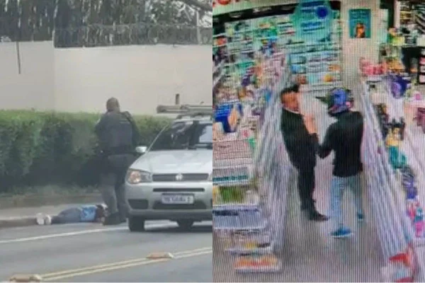 Imagem colorida dividida mostra assaltante morto após confronto com policiais e abordagem a taxista assassinado em farmácia. Metrópoles