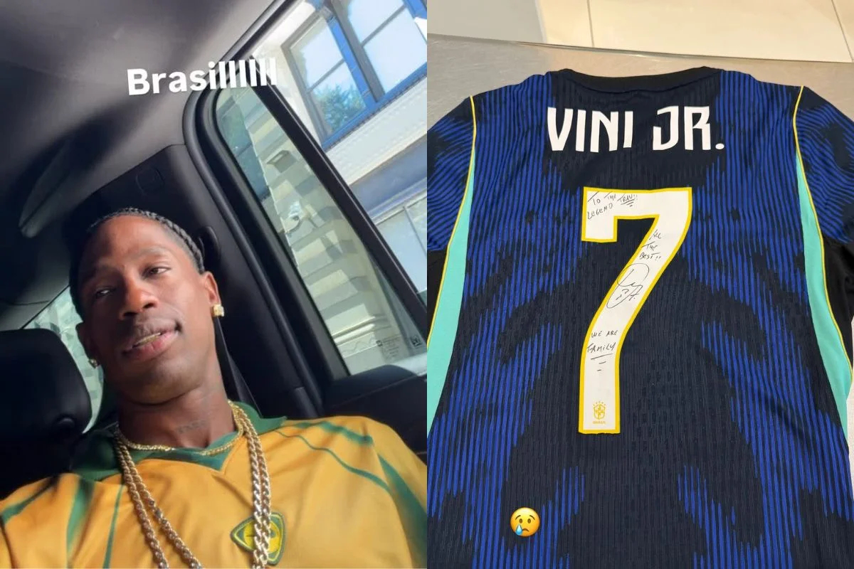 Travis Scott recebeu uma camisa autografada de Vini Jr. antes da estreia do Brasil Travis Scott recebeu uma camisa autografada de Vini Jr. antes da estreia do Brasil