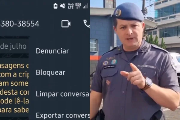 Imagem colorida mostra PM fazendo alerta contra o chamado "golpe do PCC" - Metrópoles