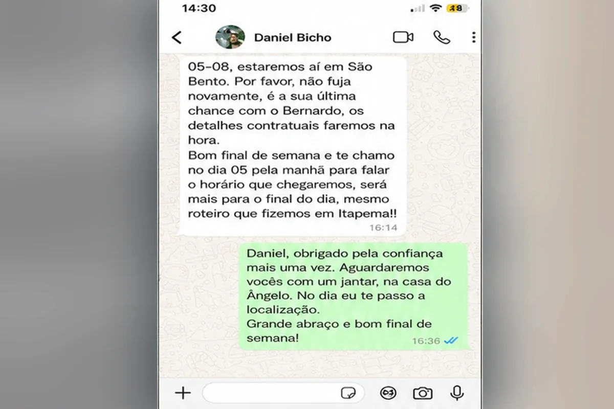 Mensagens trocadas entre o operador de Bernardo Bello e um dos empresários. O operador utilizava dois aparelhos celulares Mensagens trocadas entre o operador de Bernardo Bello e um dos empresários. O operador utilizava dois aparelhos celulares