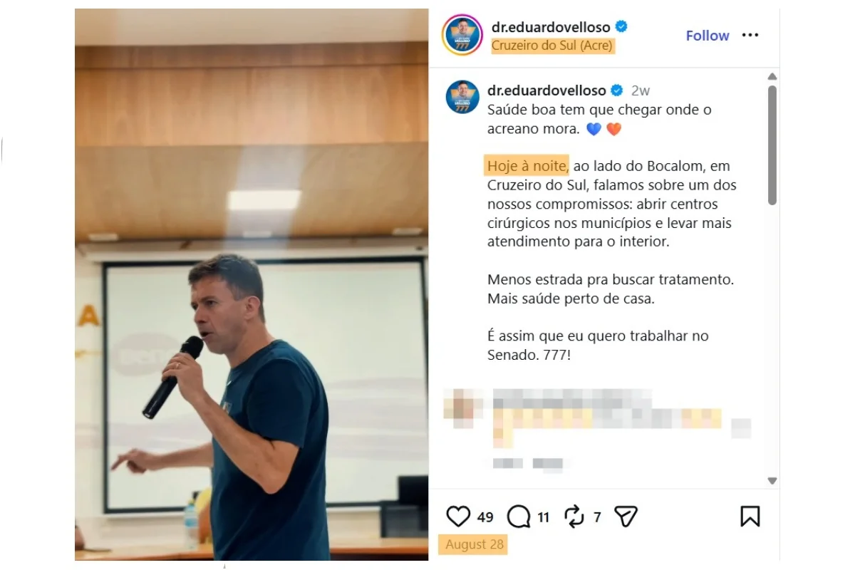 Em postagens nas redes sociais, ele aparece em agendas de campanha na cidade Em postagens nas redes sociais, ele aparece em agendas de campanha na cidade